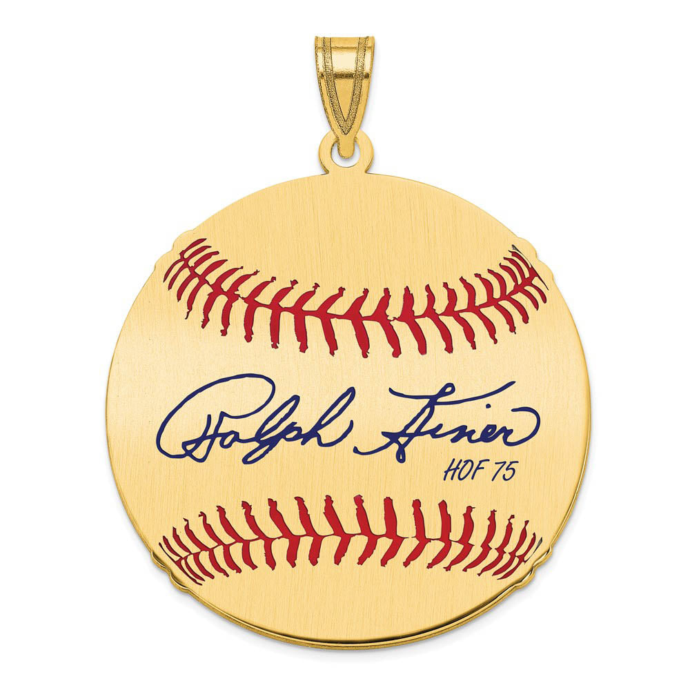 14K Gold Plated Ralph Kiner Signature LG Enamel Baseball Pendant, Item P31229 by The Black Bow Jewelry Co.