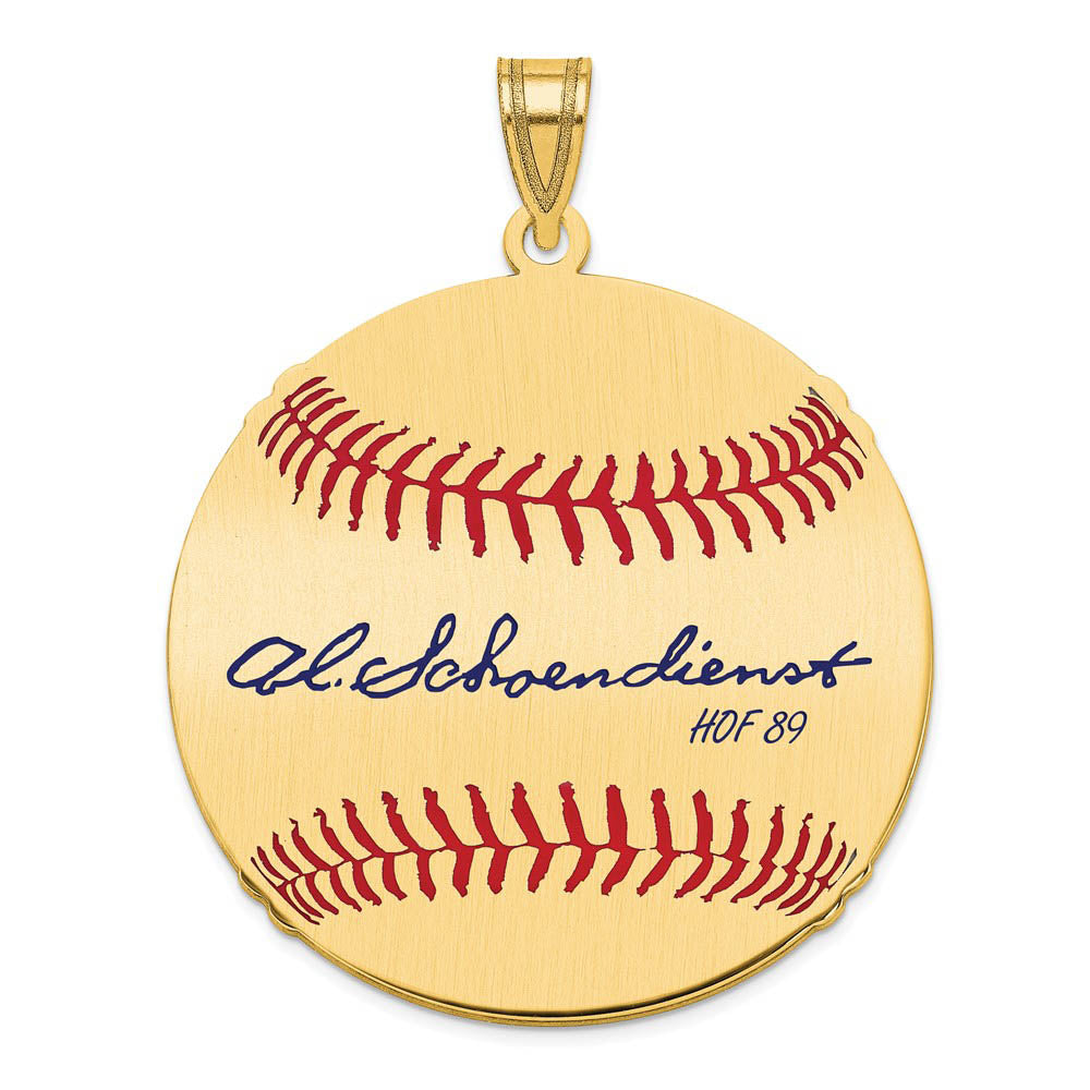 14K Gold Plated Red Schoendienst Signature LG Enamel Baseball Pendant, Item P31232 by The Black Bow Jewelry Co.