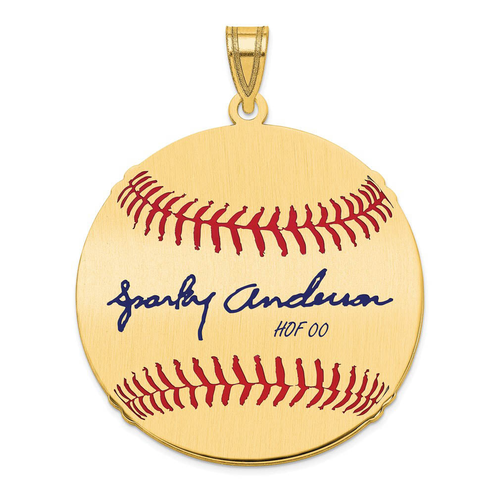 14K Gold Plated Sparky Anderson Signature LG Enamel Baseball Pendant, Item P31234 by The Black Bow Jewelry Co.