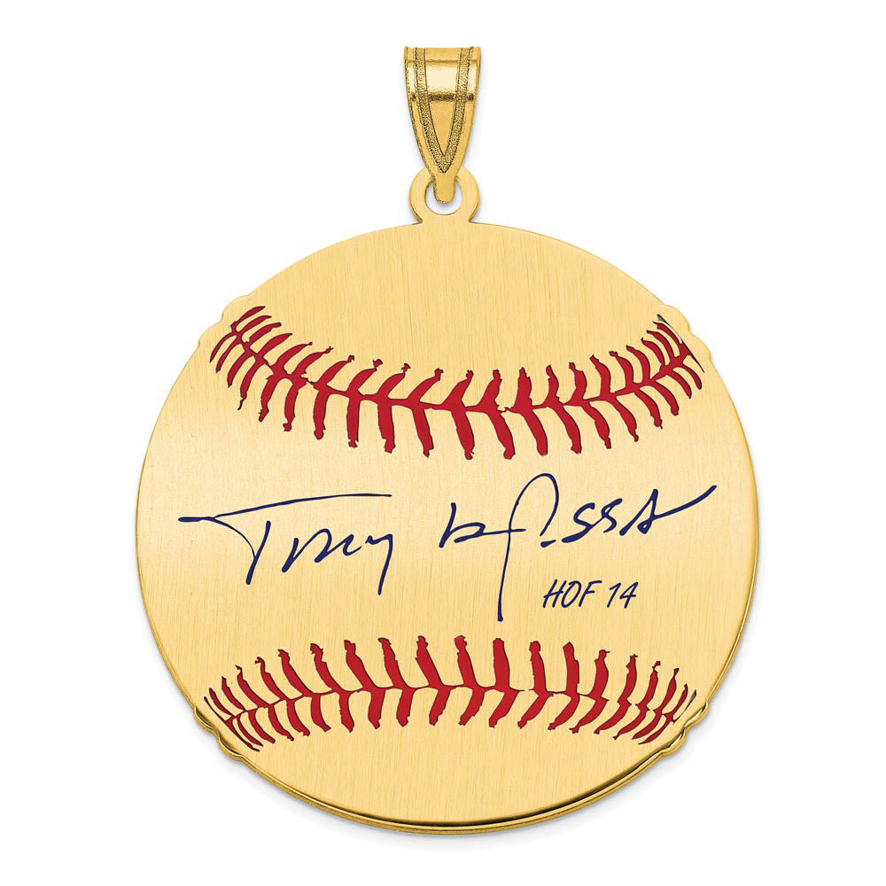 14K Gold Plated Tony La Russa Signature LG Enamel Baseball Pendant, Item P31237 by The Black Bow Jewelry Co.