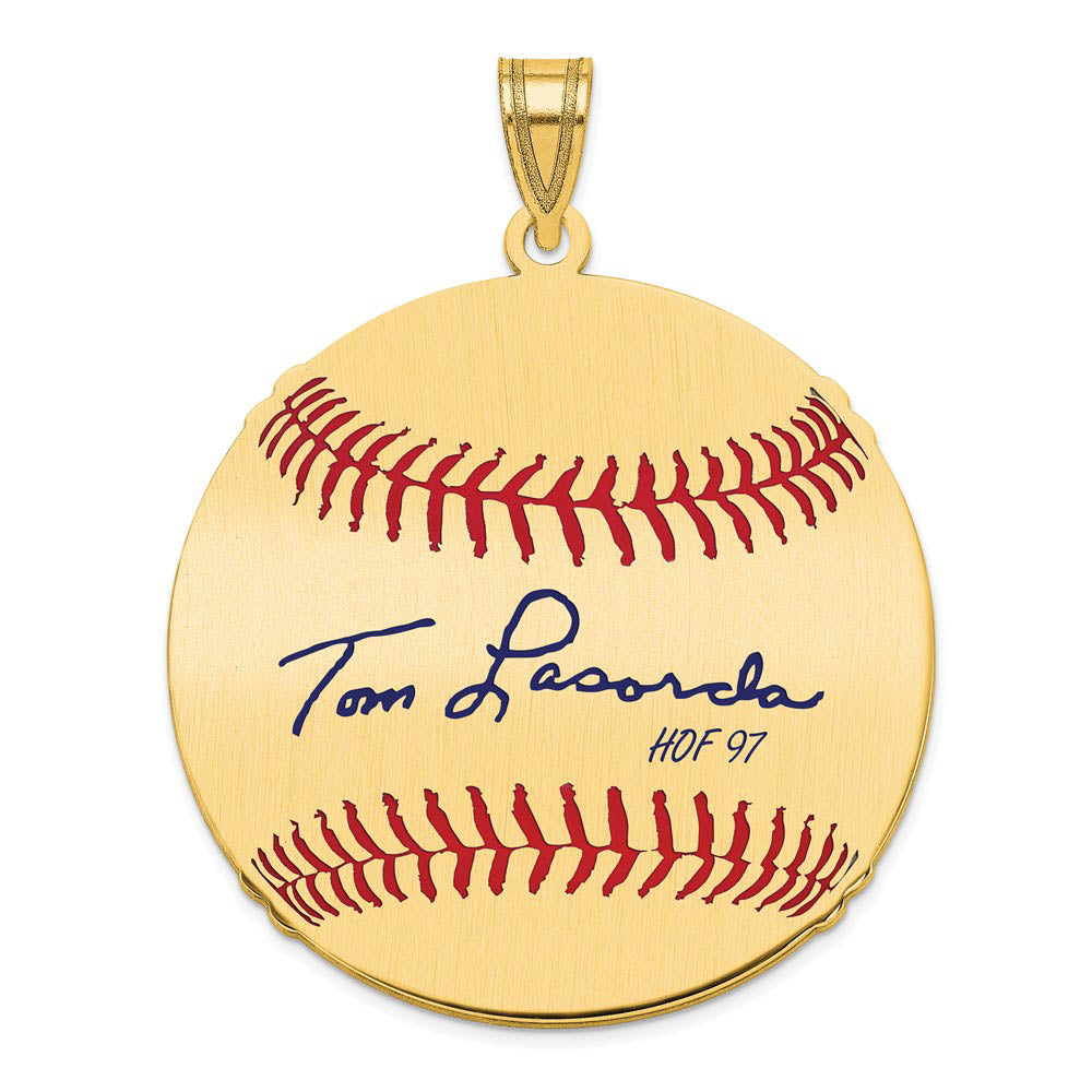 14K Gold Plated Tom Lasorda Signature LG Enamel Baseball Pendant, Item P31238 by The Black Bow Jewelry Co.