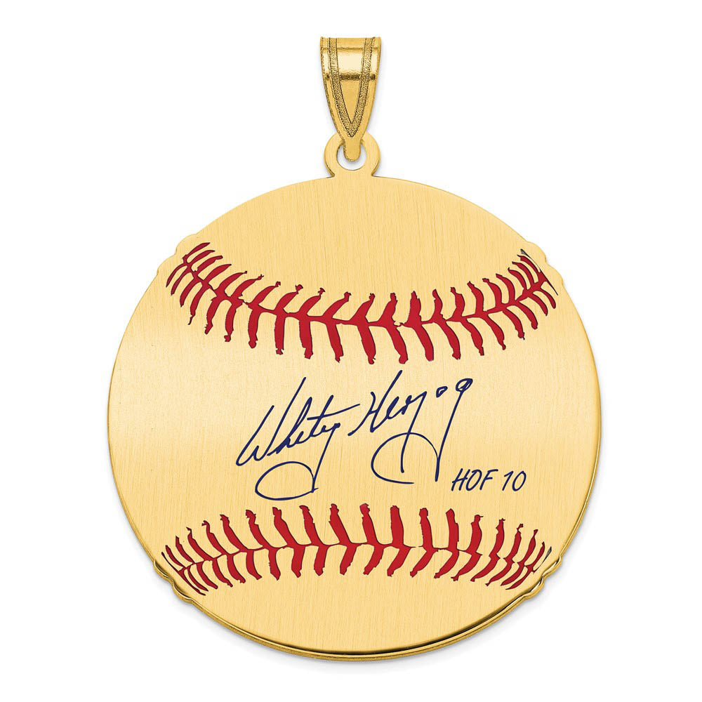 14K Gold Plated Whitey Herzog Signature LG Enamel Baseball Pendant, Item P31244 by The Black Bow Jewelry Co.