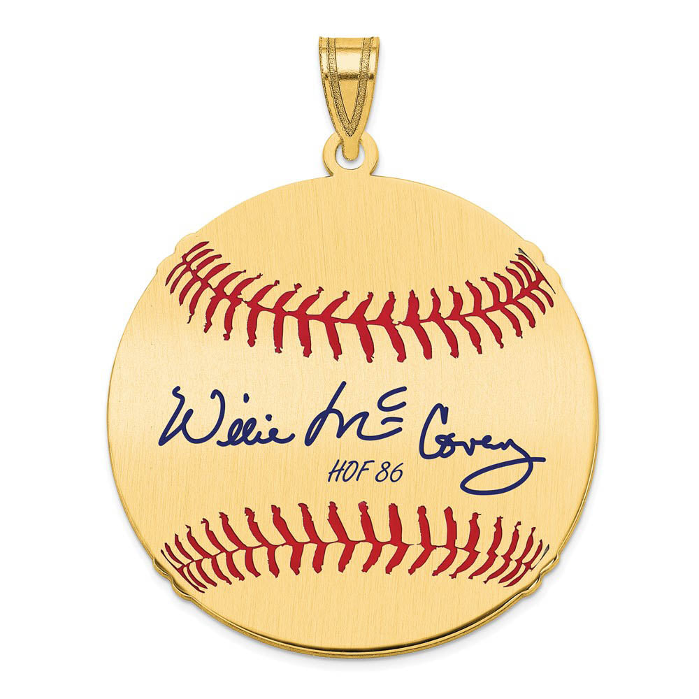 14K Gold Plated Willie McCovey Signature LG Enamel Baseball Pendant, Item P31245 by The Black Bow Jewelry Co.