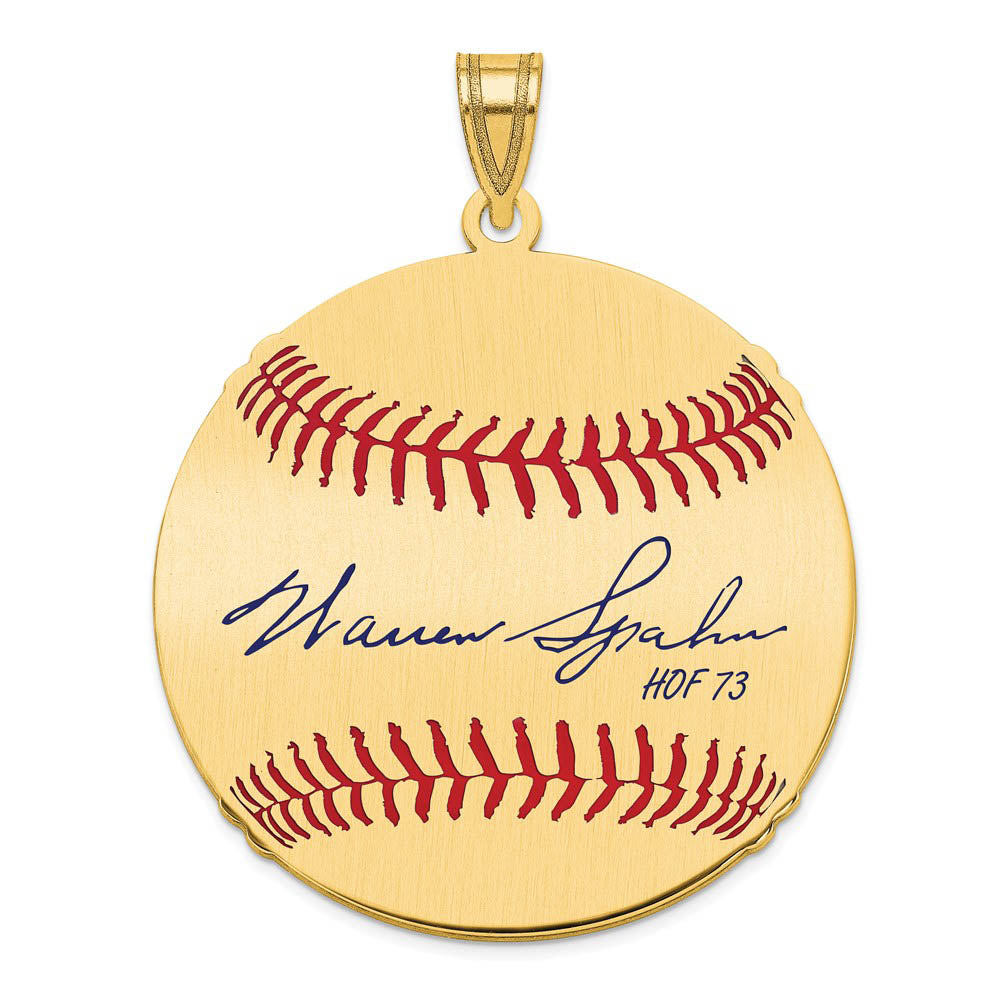 14K Gold Plated Warren Spahn Signature LG Enamel Baseball Pendant, Item P31246 by The Black Bow Jewelry Co.