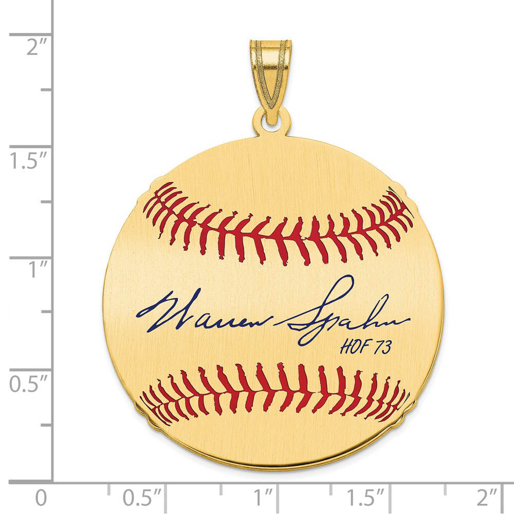 Alternate view of the 14K Gold Plated Warren Spahn Signature LG Enamel Baseball Pendant by The Black Bow Jewelry Co.