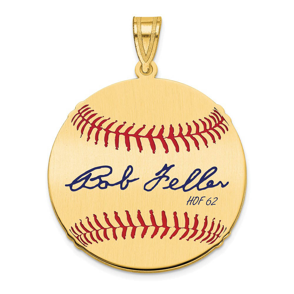 14K Gold Plated Bob Feller Signature MD Enamel Baseball Pendant, Item P31253 by The Black Bow Jewelry Co.