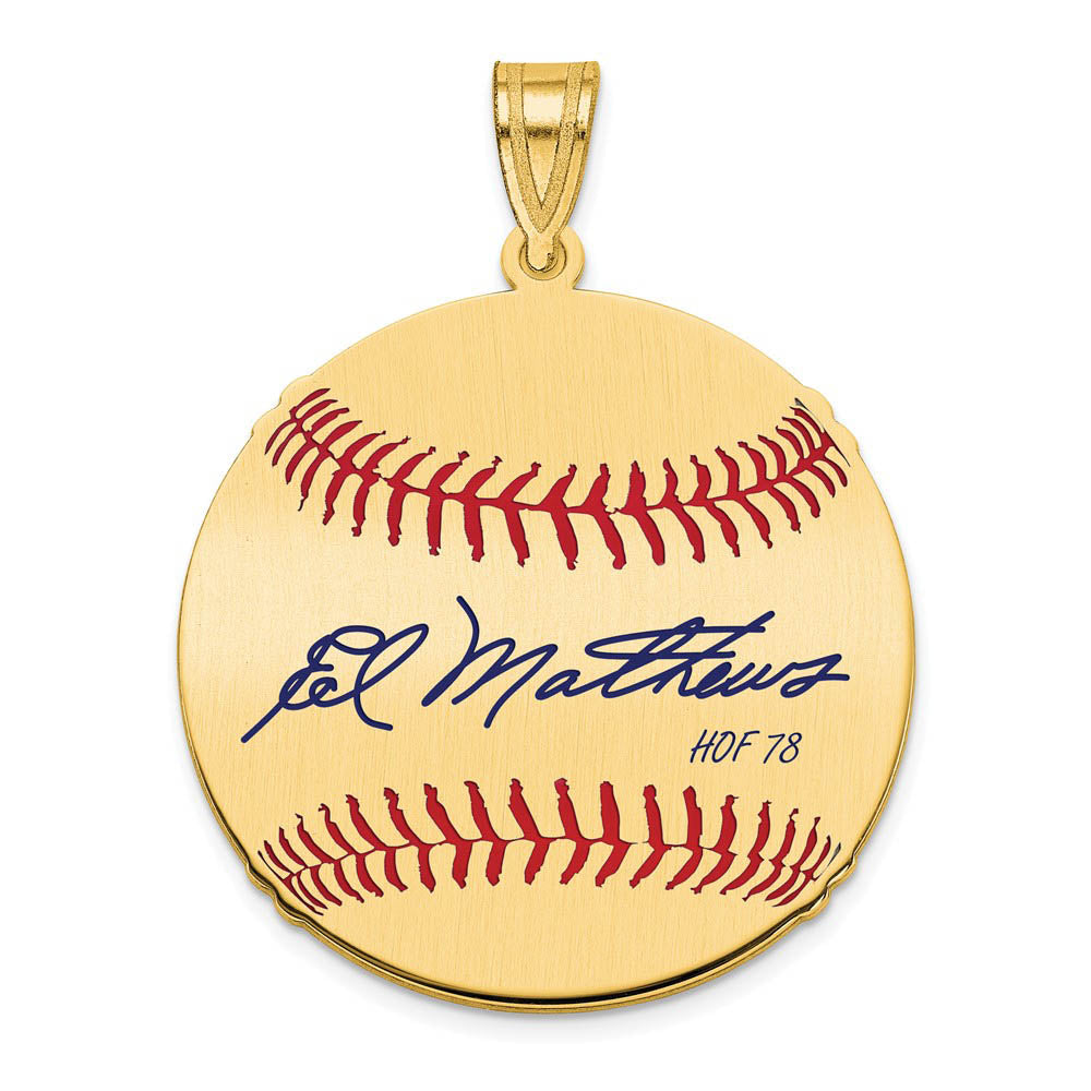 14K Gold Plated Eddie Mathews Signature MD Enamel Baseball Pendant, Item P31268 by The Black Bow Jewelry Co.