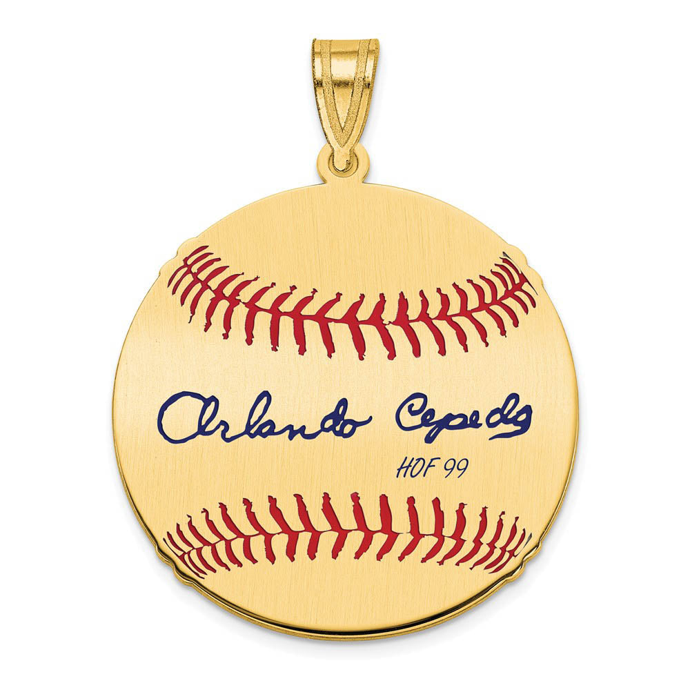 14K Gold Plated Orlando Cepeda Signature MD Enamel Baseball Pendant, Item P31298 by The Black Bow Jewelry Co.