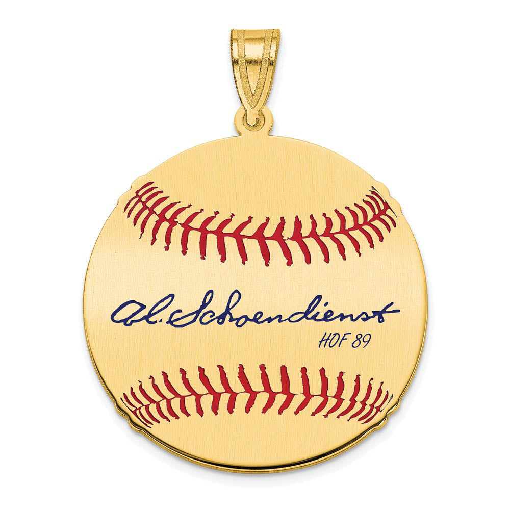 14K Gold Plated Red Schoendienst Signature MD Enamel Baseball Pendant, Item P31311 by The Black Bow Jewelry Co.