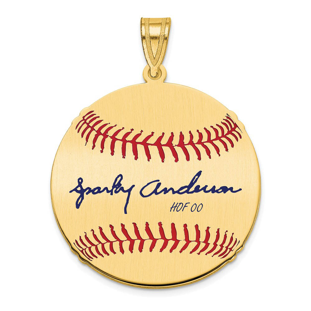 14K Gold Plated Sparky Anderson Signature MD Enamel Baseball Pendant, Item P31313 by The Black Bow Jewelry Co.