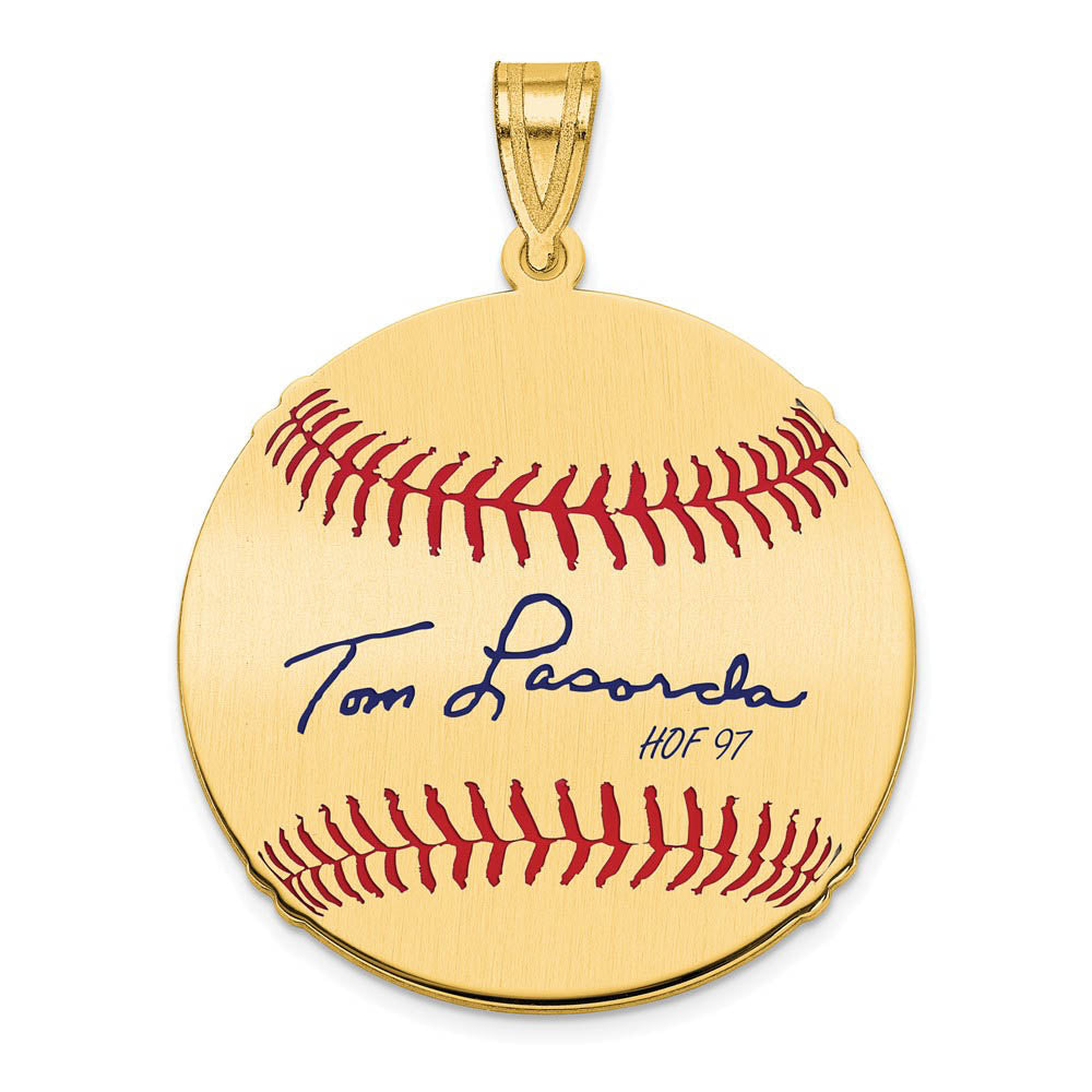 14K Gold Plated Tom Lasorda Signature MD Enamel Baseball Pendant, Item P31317 by The Black Bow Jewelry Co.