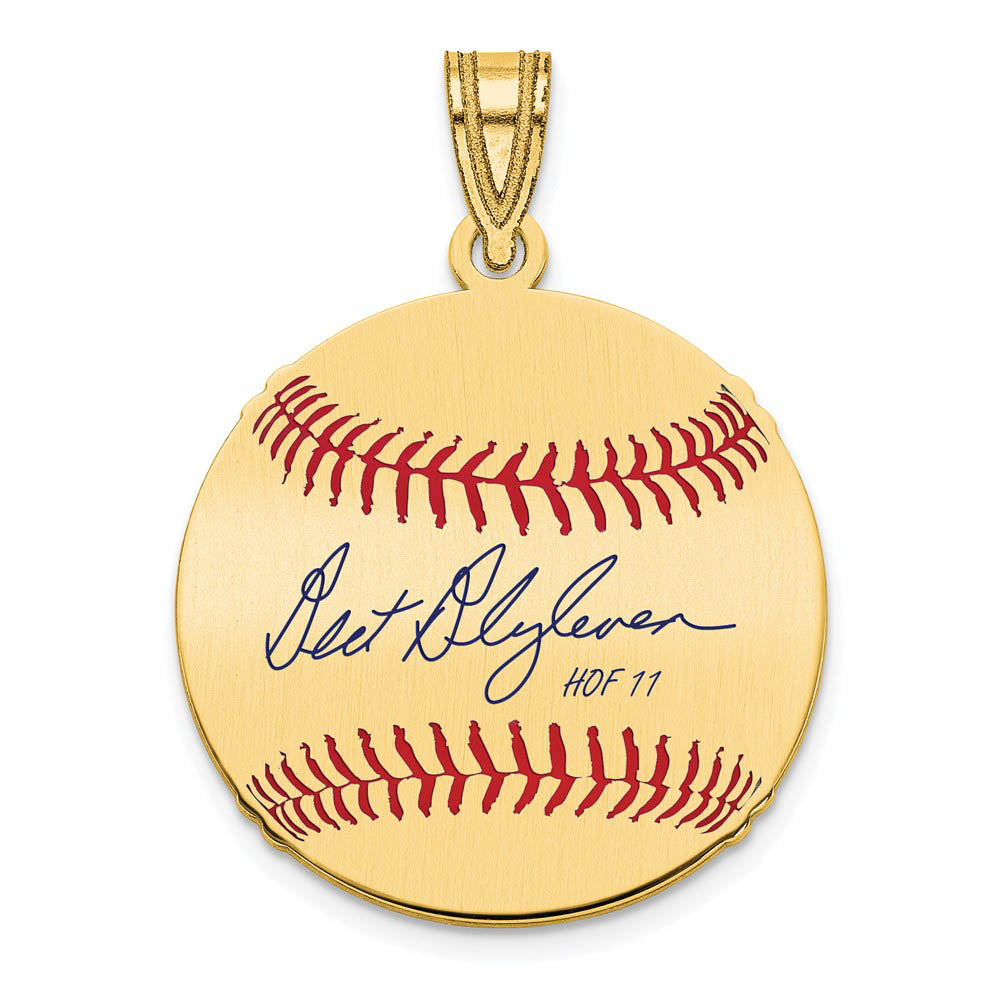 14K Gold Plated Bert Blyleven Signature SM Enamel Baseball Pendant, Item P31330 by The Black Bow Jewelry Co.