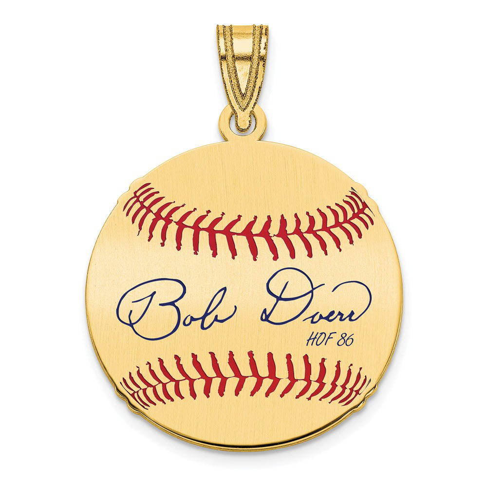 14K Gold Plated Bobby Doerr Signature SM Enamel Baseball Pendant, Item P31331 by The Black Bow Jewelry Co.