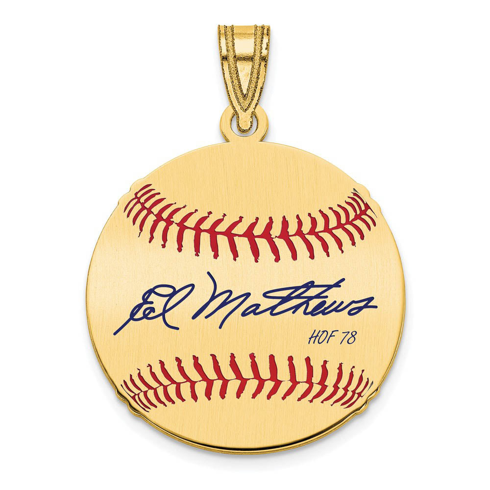 14K Gold Plated Eddie Mathews Signature SM Enamel Baseball Pendant, Item P31347 by The Black Bow Jewelry Co.