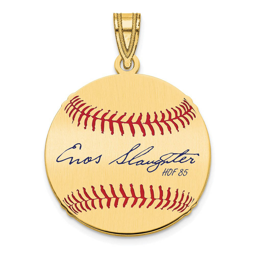 14K Gold Plated Enos Slaughter Signature SM Enamel Baseball Pendant, Item P31348 by The Black Bow Jewelry Co.