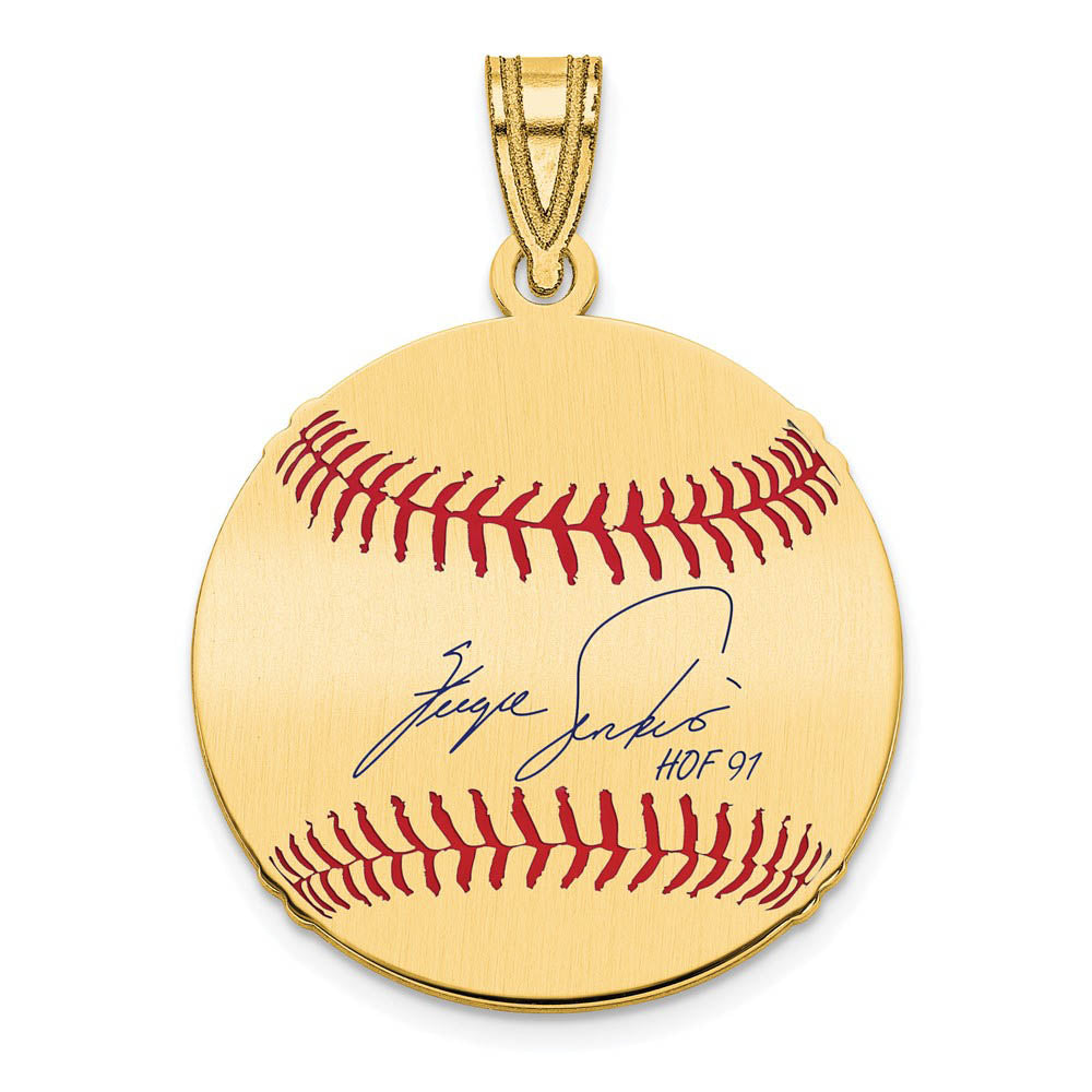 14K Gold Plated Fergie Jenkins Signature SM Enamel Baseball Pendant, Item P31351 by The Black Bow Jewelry Co.