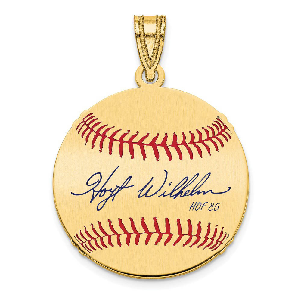 14K Gold Plated Hoyt Wilhelm Signature SM Enamel Baseball Pendant, Item P31359 by The Black Bow Jewelry Co.