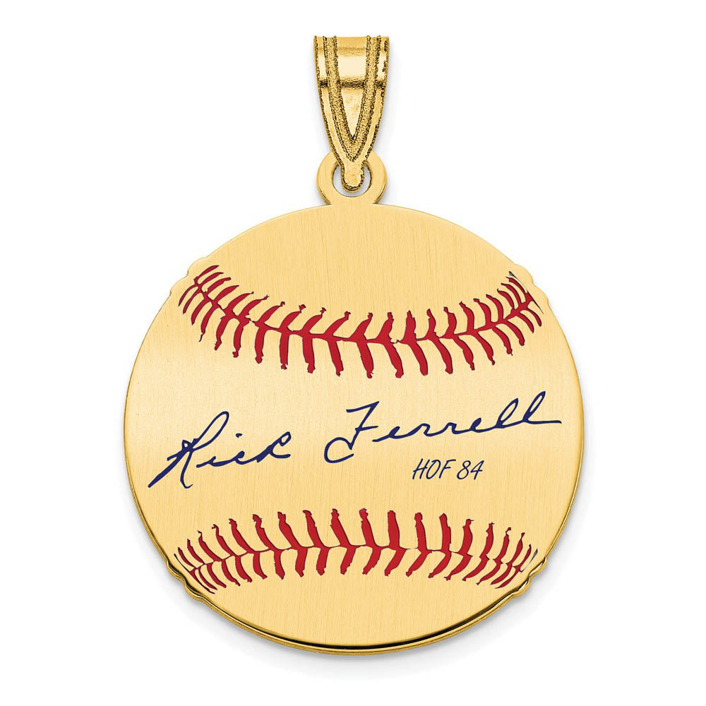 14K Gold Plated Rick Ferrell Signature SM Enamel Baseball Pendant, Item P31384 by The Black Bow Jewelry Co.