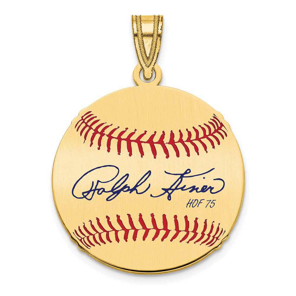 14K Gold Plated Ralph Kiner Signature SM Enamel Baseball Pendant, Item P31387 by The Black Bow Jewelry Co.