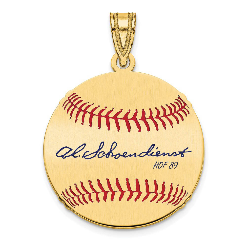 14K Gold Plated Red Schoendienst Signature SM Enamel Baseball Pendant, Item P31390 by The Black Bow Jewelry Co.