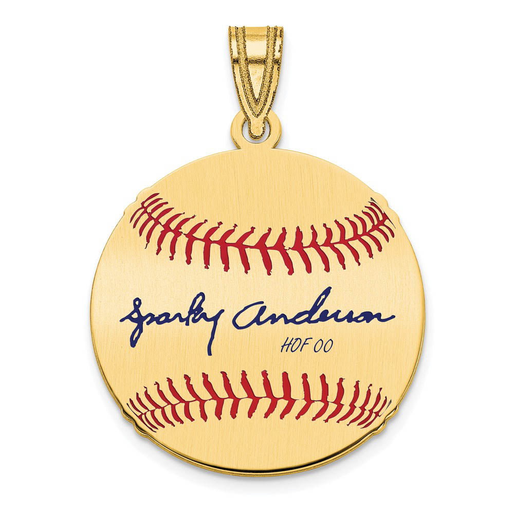 14K Gold Plated Sparky Anderson Signature SM Enamel Baseball Pendant, Item P31392 by The Black Bow Jewelry Co.
