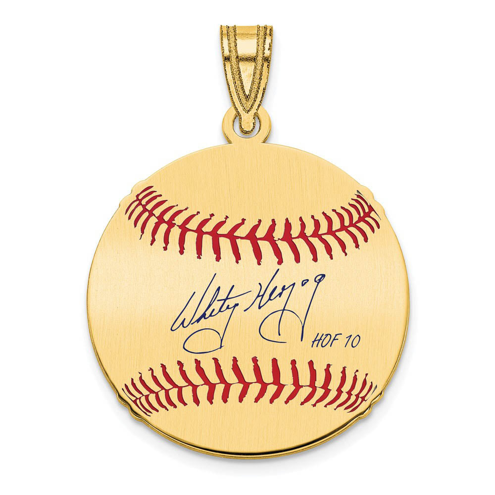 14K Gold Plated Whitey Herzog Signature SM Enamel Baseball Pendant, Item P31402 by The Black Bow Jewelry Co.