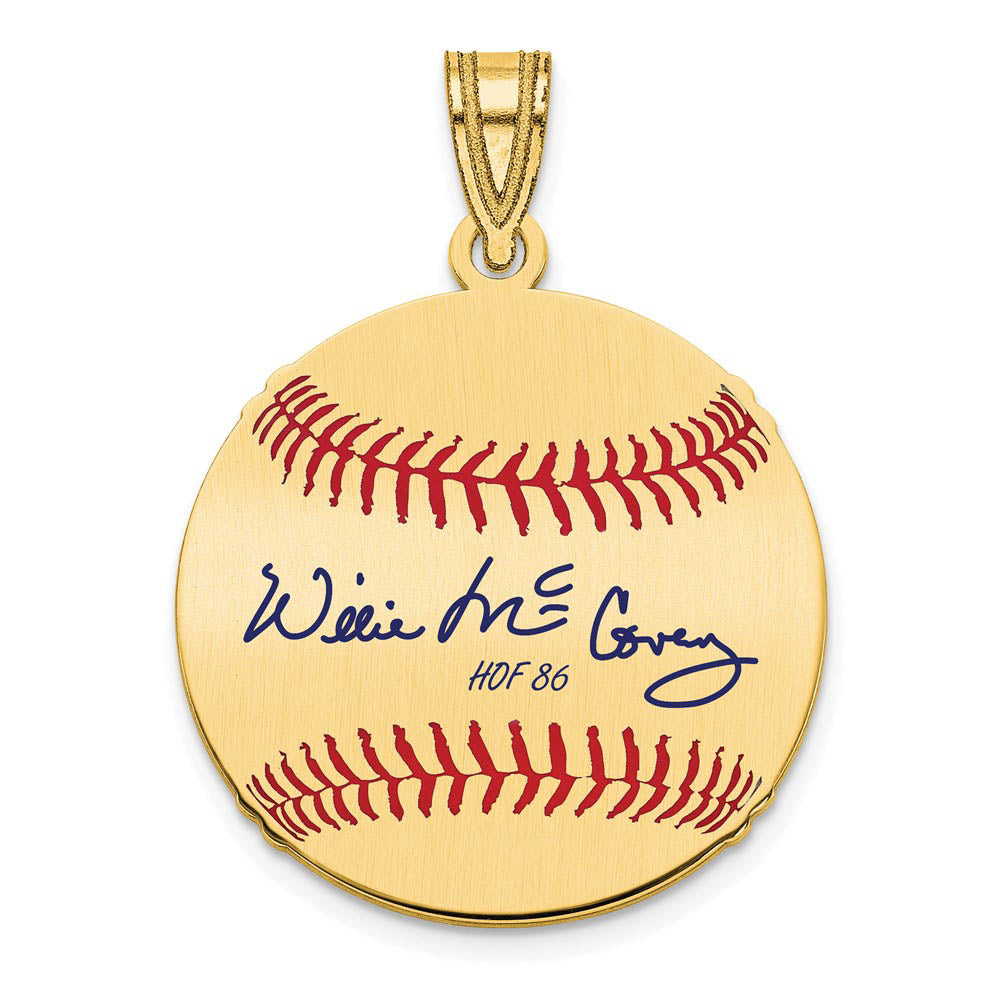 14K Gold Plated Willie McCovey Signature SM Enamel Baseball Pendant, Item P31403 by The Black Bow Jewelry Co.