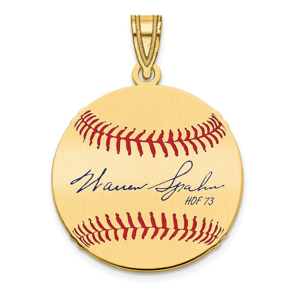 14K Gold Plated Warren Spahn Signature SM Enamel Baseball Pendant, Item P31404 by The Black Bow Jewelry Co.