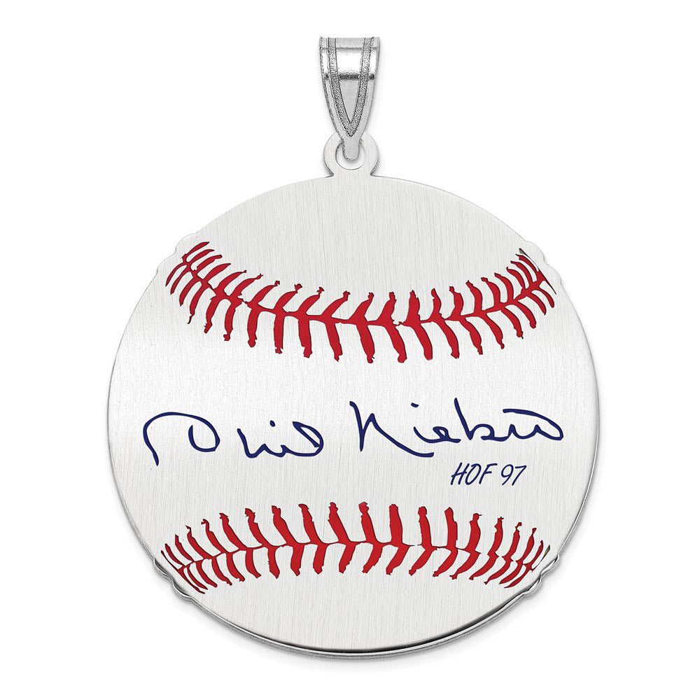 Sterling Silver Phil Niekro Signature LG Enamel Baseball Pendant, Item P31458 by The Black Bow Jewelry Co.