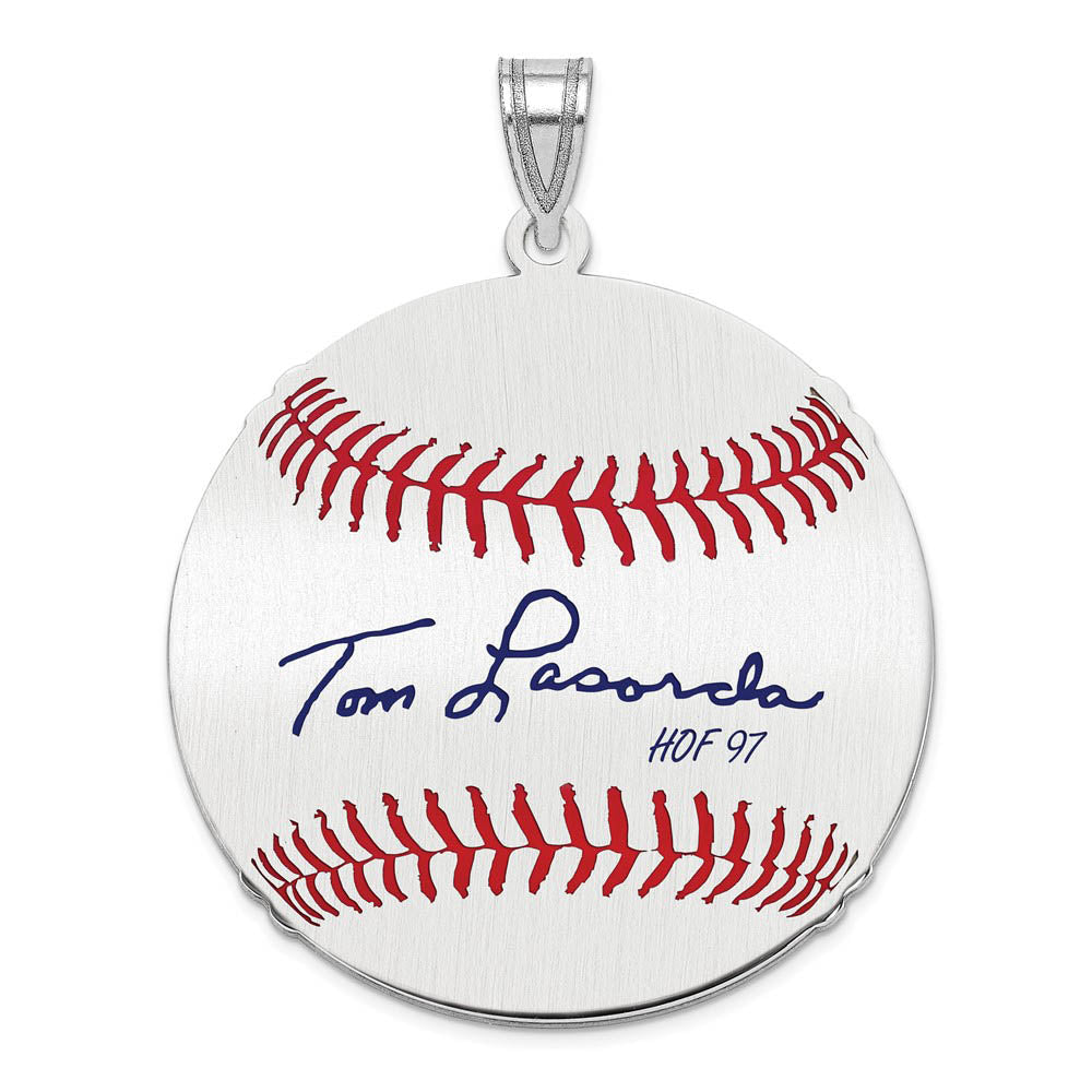 Sterling Silver Tom Lasorda Signature LG Enamel Baseball Pendant, Item P31475 by The Black Bow Jewelry Co.