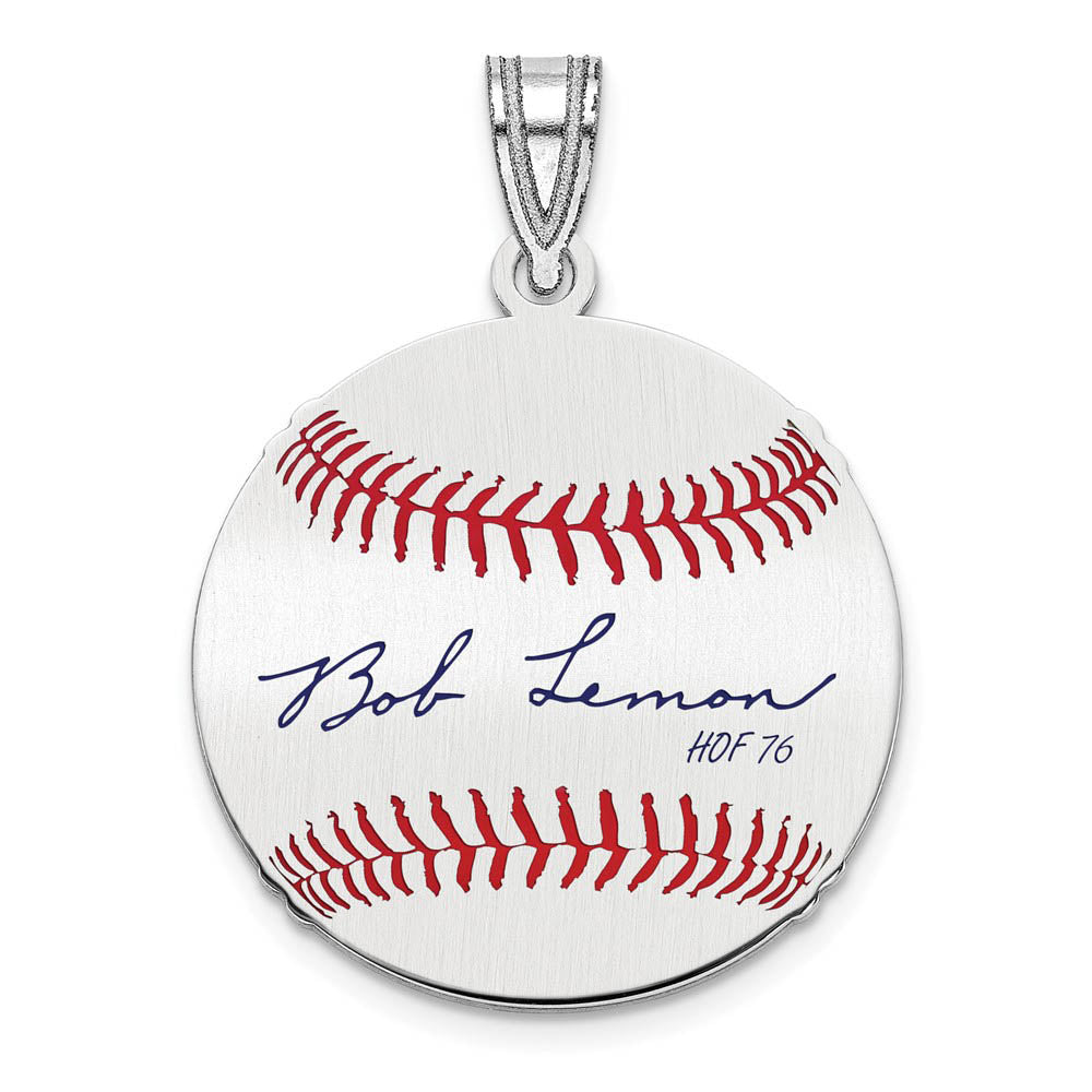 Sterling Silver Bob Lemon Signature SM Enamel Baseball Pendant, Item P31572 by The Black Bow Jewelry Co.