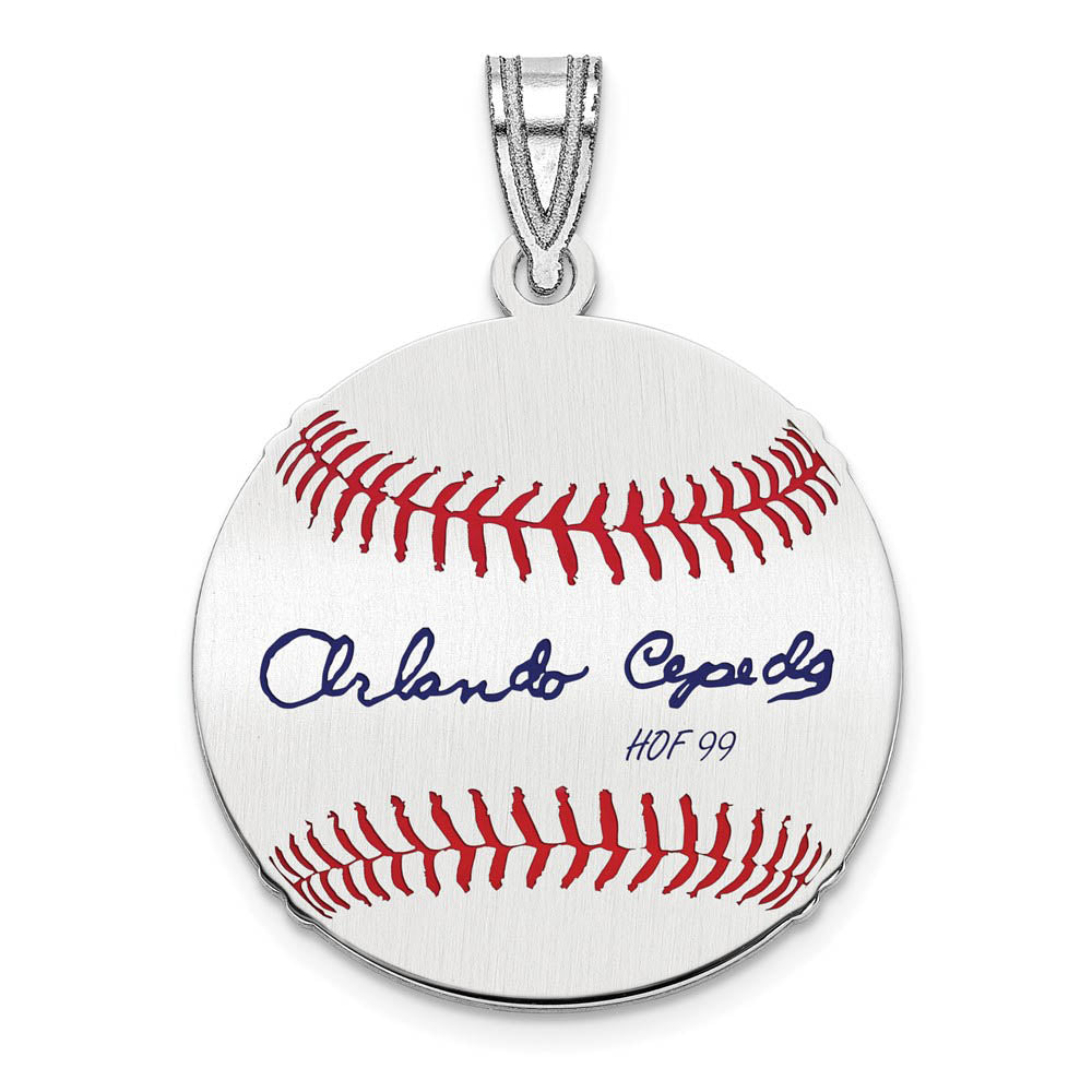 Sterling Silver Orlando Cepeda Signature SM Enamel Baseball Pendant, Item P31614 by The Black Bow Jewelry Co.