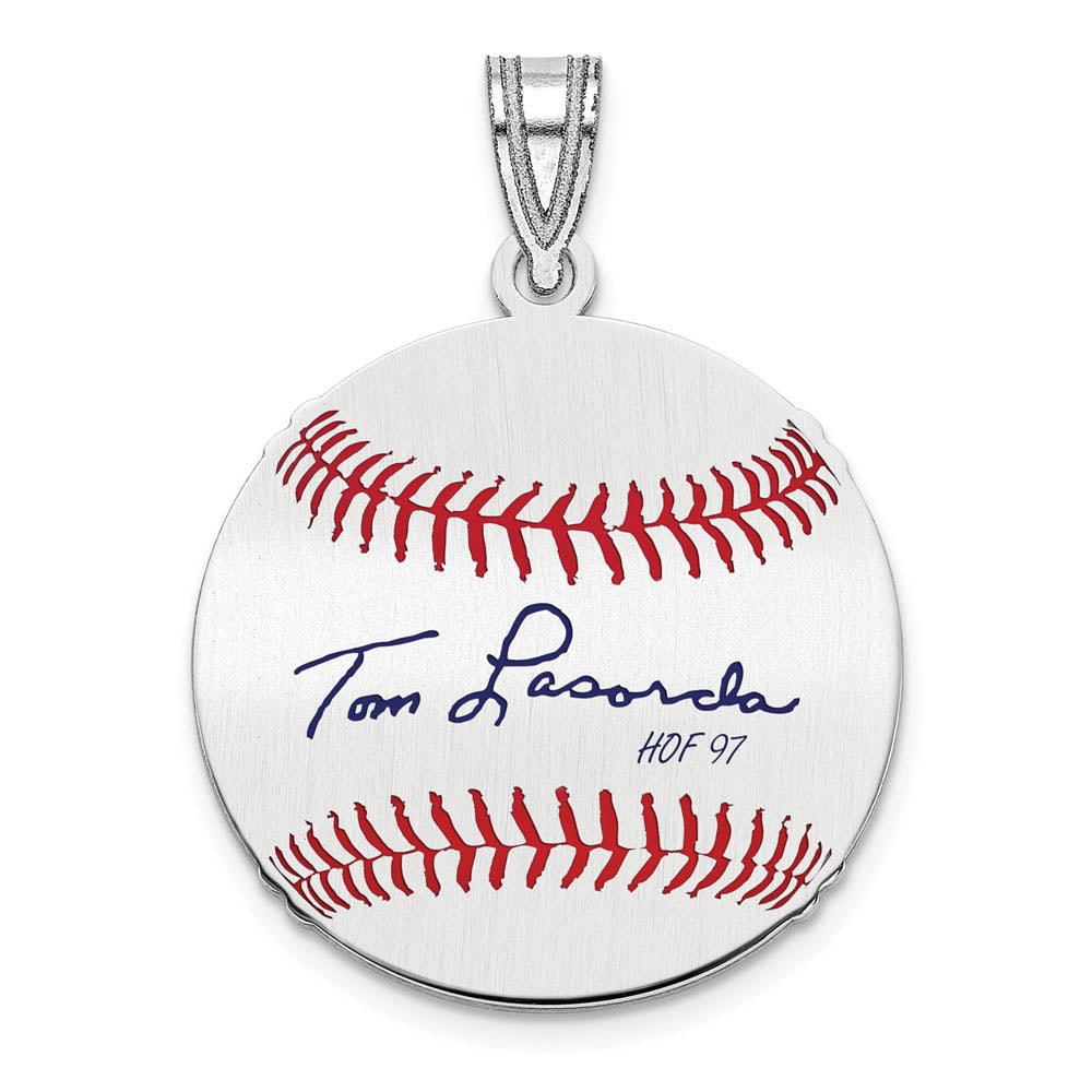 Sterling Silver Tom Lasorda Signature SM Enamel Baseball Pendant, Item P31633 by The Black Bow Jewelry Co.