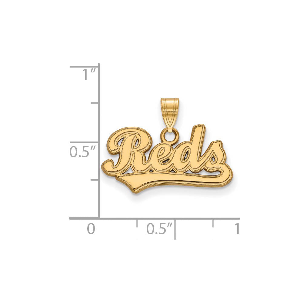 Alternate view of the 14K Gold Plated Silver MLB Cincinnati Reds Script SM Pendant by The Black Bow Jewelry Co.