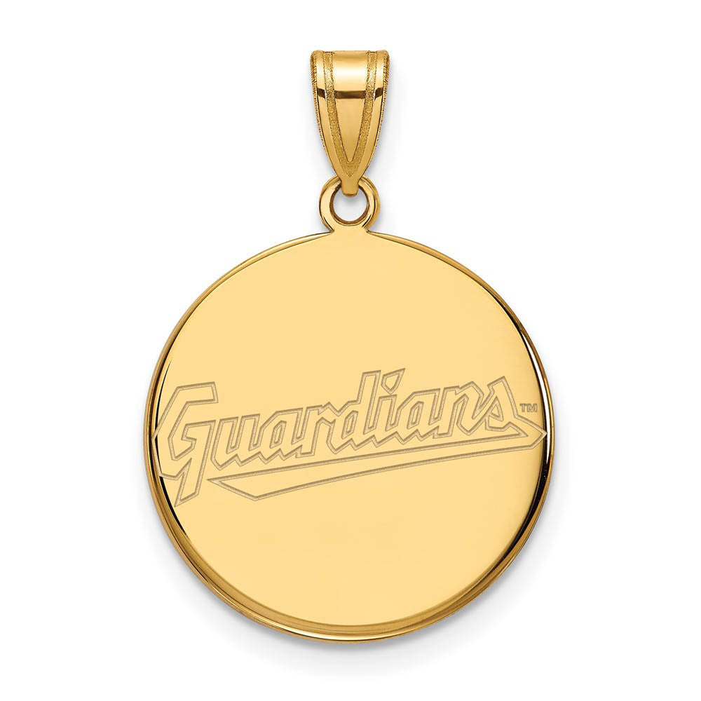 10K Yellow Gold MLB Cleveland Guardians Large Script Disc Pendant, Item P31768 by The Black Bow Jewelry Co.