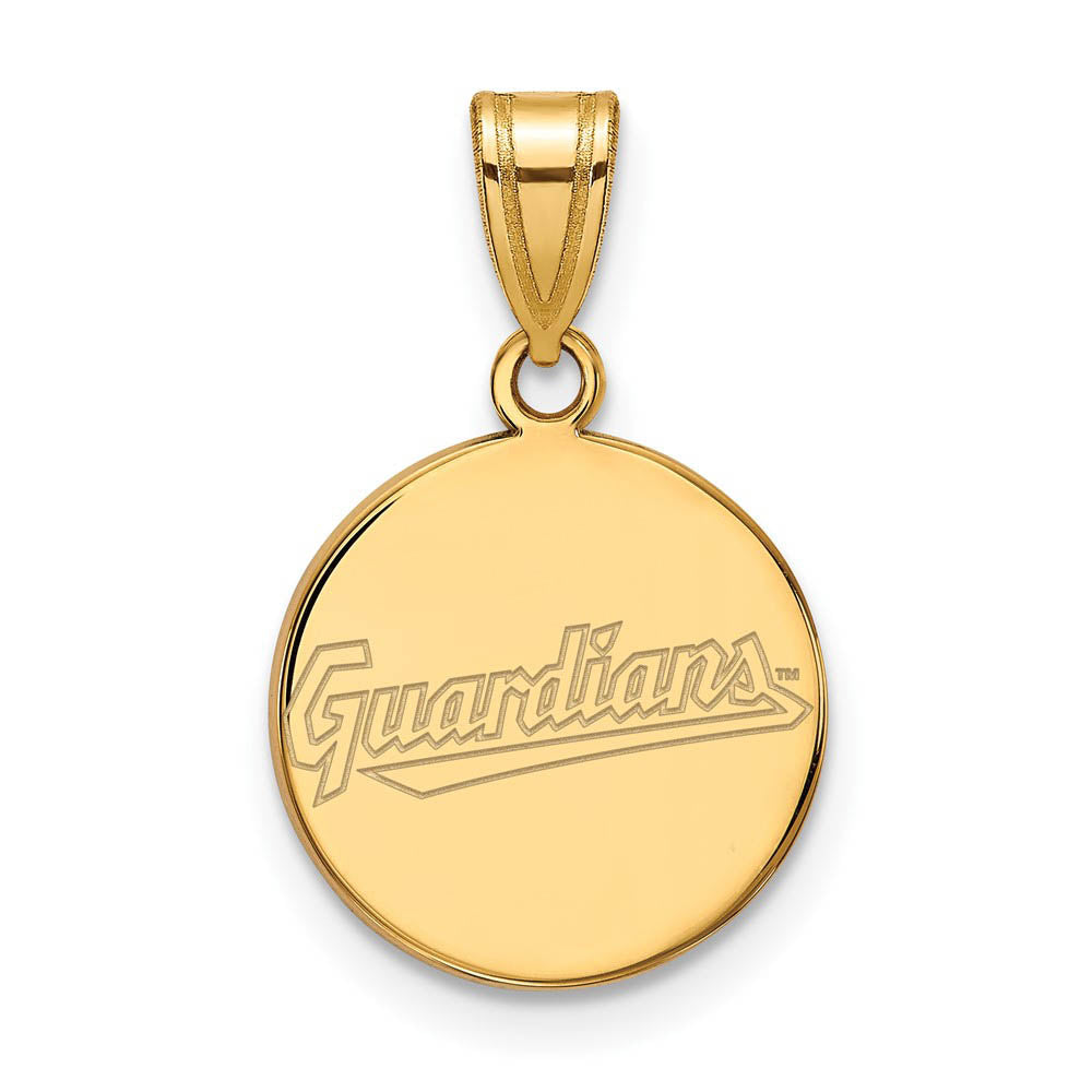 14K Yellow Gold MLB Cleveland Guardians Medium Script Disc Pendant, Item P31792 by The Black Bow Jewelry Co.