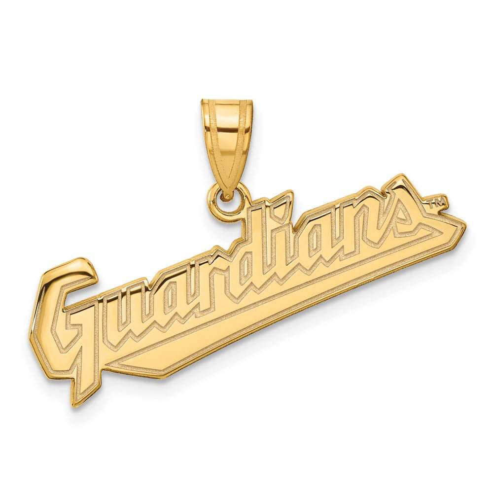 14K Gold Plated Silver MLB Cleveland Guardians Large Script Pendant, Item P31802 by The Black Bow Jewelry Co.