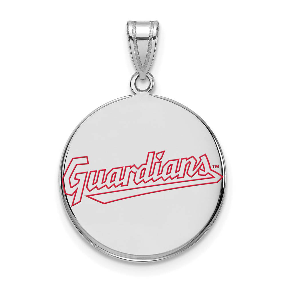 Sterling Silver MLB Cleveland Guardians LG Enamel Script Disc Pendant, Item P31813 by The Black Bow Jewelry Co.