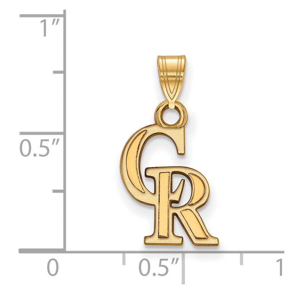Alternate view of the 14K Gold Plated Silver MLB Colorado Rockies C-R Small Pendant by The Black Bow Jewelry Co.