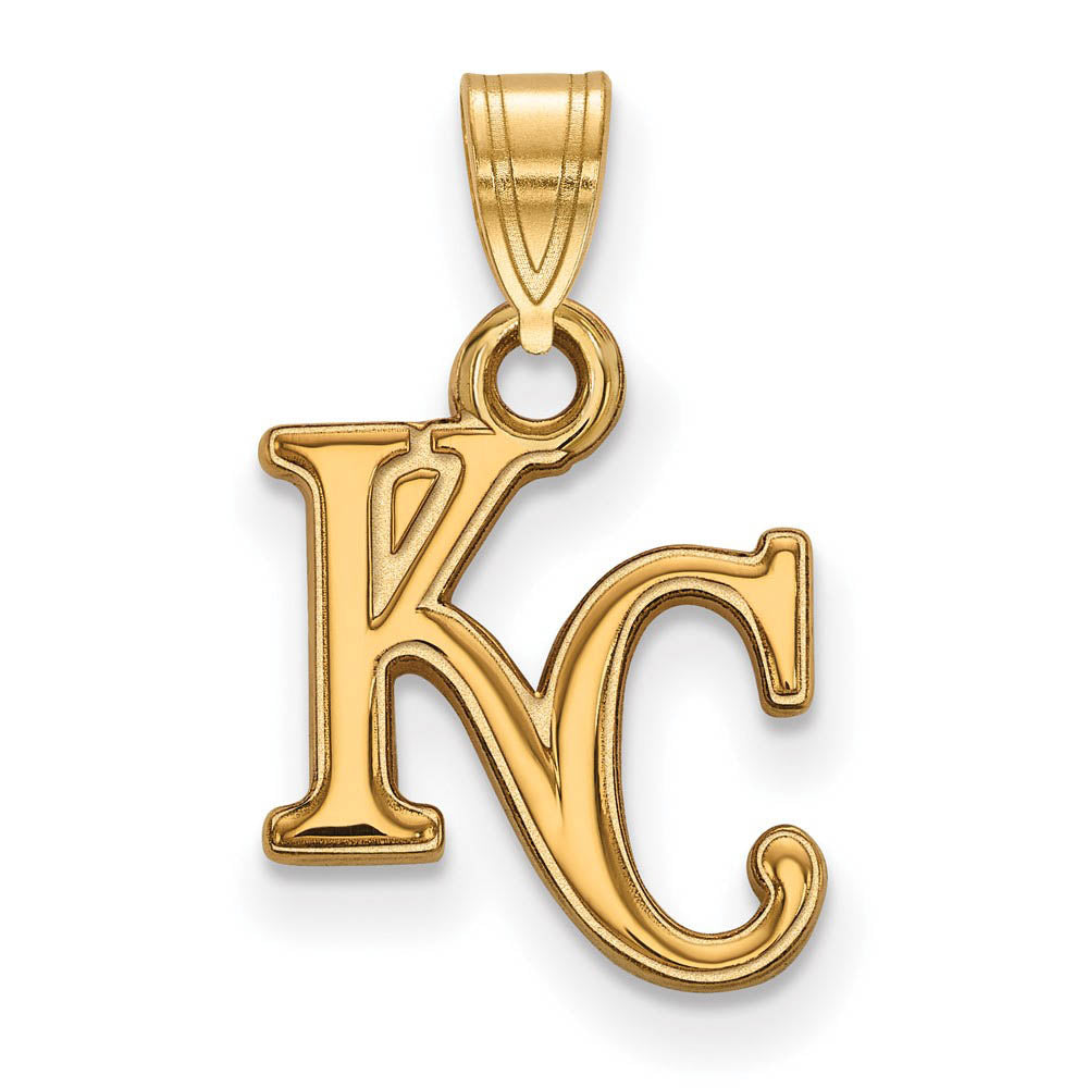 14K Gold Plated Silver MLB Kansas City Royals SM KC Pendant, Item P32093 by The Black Bow Jewelry Co.