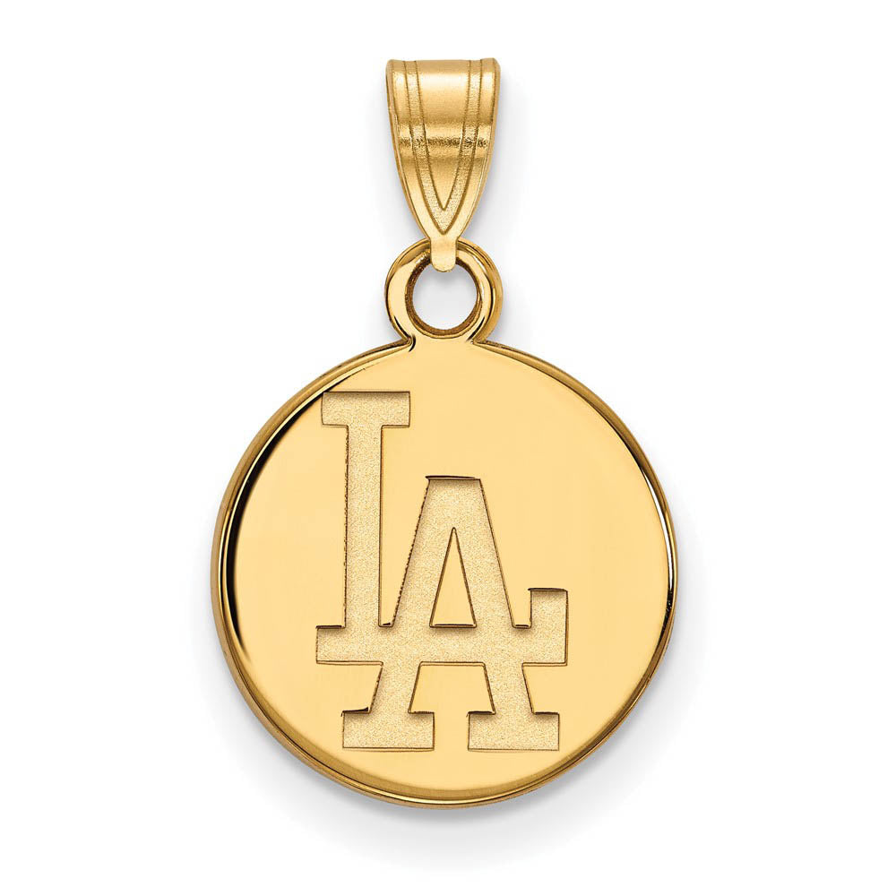 14K Gold Plated Silver MLB Los Angeles Dodgers Small L-A Disc Pendant, Item P32209 by The Black Bow Jewelry Co.