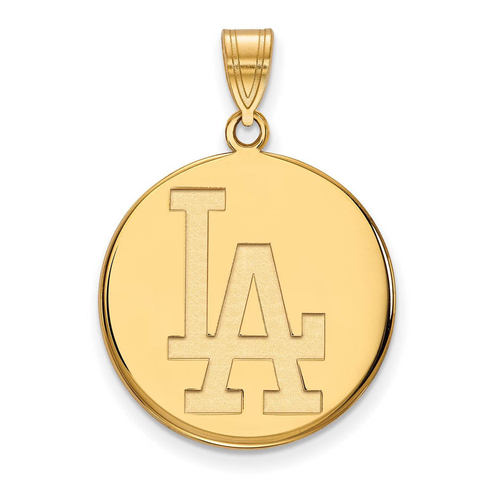 14K Gold Plated Silver MLB Los Angeles Dodgers Large L-A Disc Pendant, Item P32213 by The Black Bow Jewelry Co.