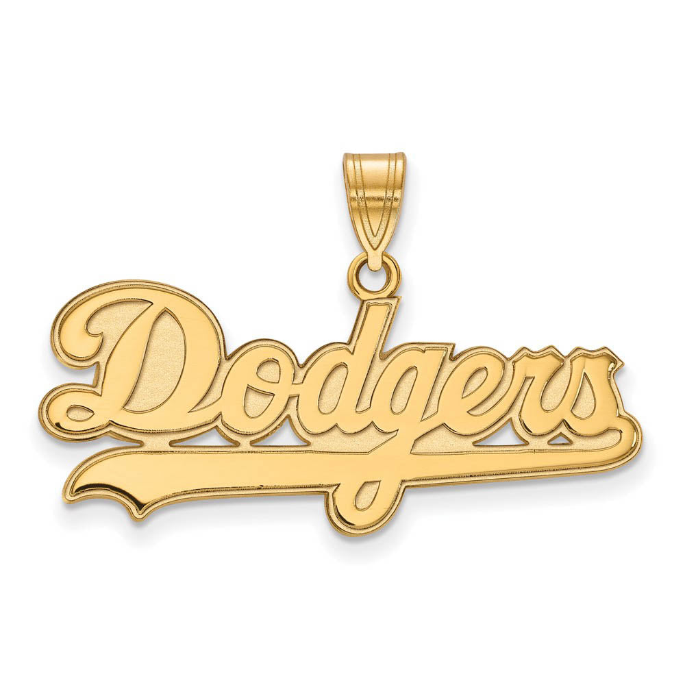 14K Gold Plated Silver MLB Los Angeles Dodgers Large Script Pendant, Item P32216 by The Black Bow Jewelry Co.