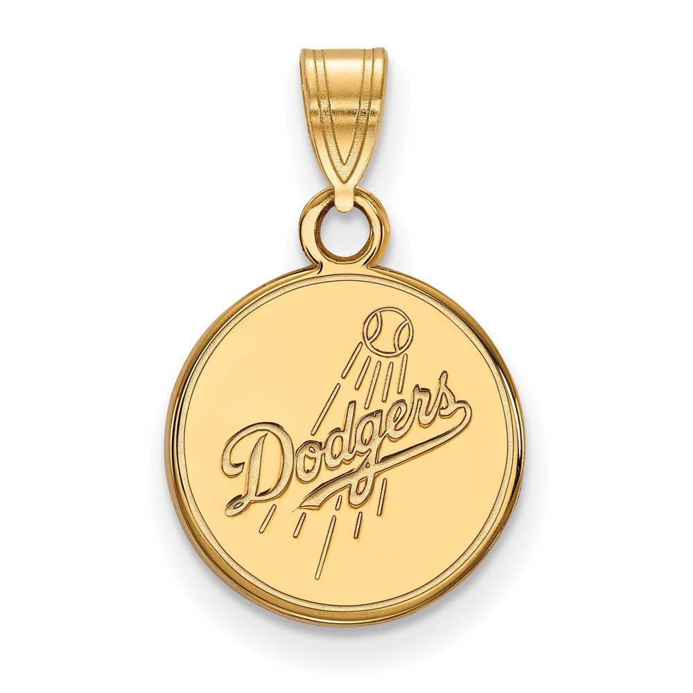 14K Gold Plated Silver MLB Los Angeles Dodgers SM Script Disc Pendant, Item P32217 by The Black Bow Jewelry Co.