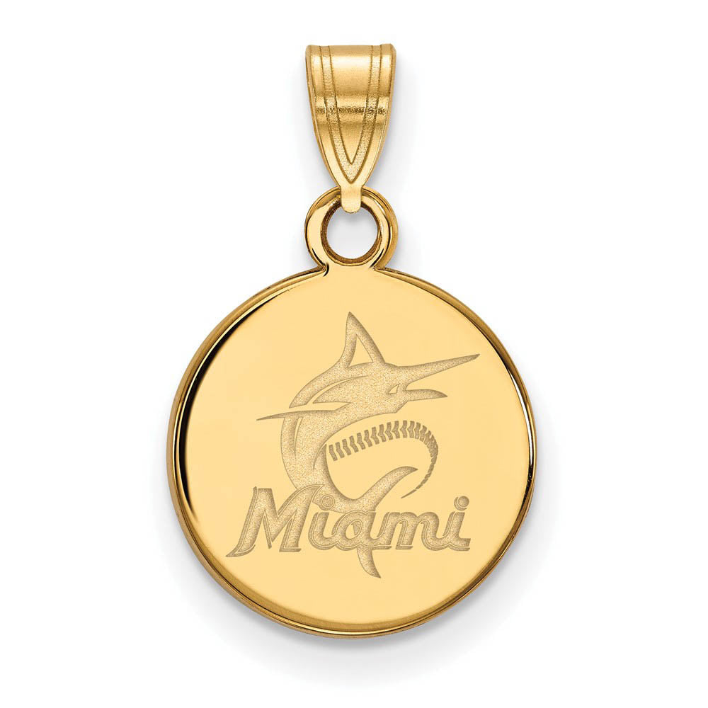 14K Gold Plated Silver MLB Miami Marlins Small Script Disc Pendant, Item P32274 by The Black Bow Jewelry Co.