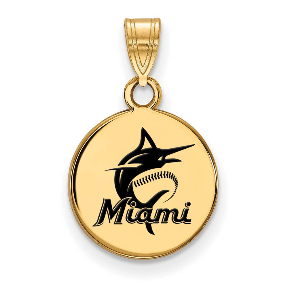 14K Gold Plated Silver MLB Miami Marlins SM Enamel Script Disc Pendant, Item P32275 by The Black Bow Jewelry Co.
