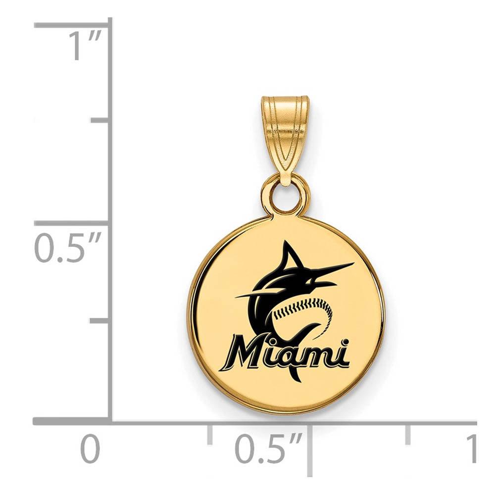 Alternate view of the 14K Gold Plated Silver MLB Miami Marlins SM Enamel Script Disc Pendant by The Black Bow Jewelry Co.