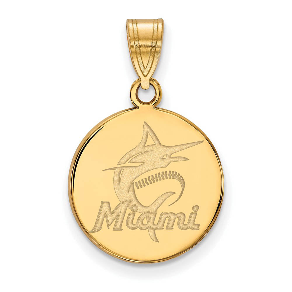 14K Gold Plated Silver MLB Miami Marlins Medium Script Disc Pendant, Item P32276 by The Black Bow Jewelry Co.