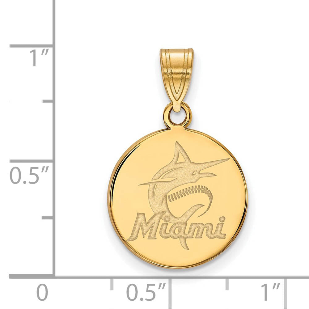 Alternate view of the 14K Gold Plated Silver MLB Miami Marlins Medium Script Disc Pendant by The Black Bow Jewelry Co.