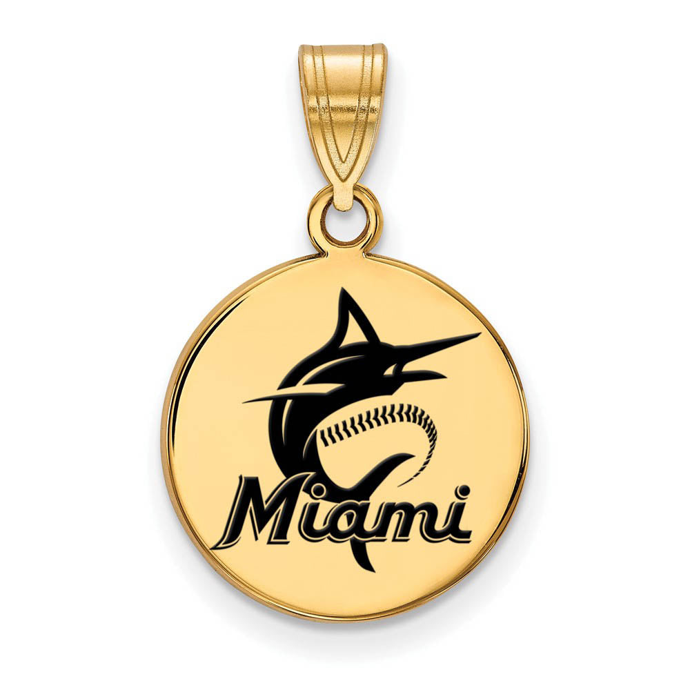 14K Gold Plated Silver MLB Miami Marlins MD Enamel Script Disc Pendant, Item P32277 by The Black Bow Jewelry Co.